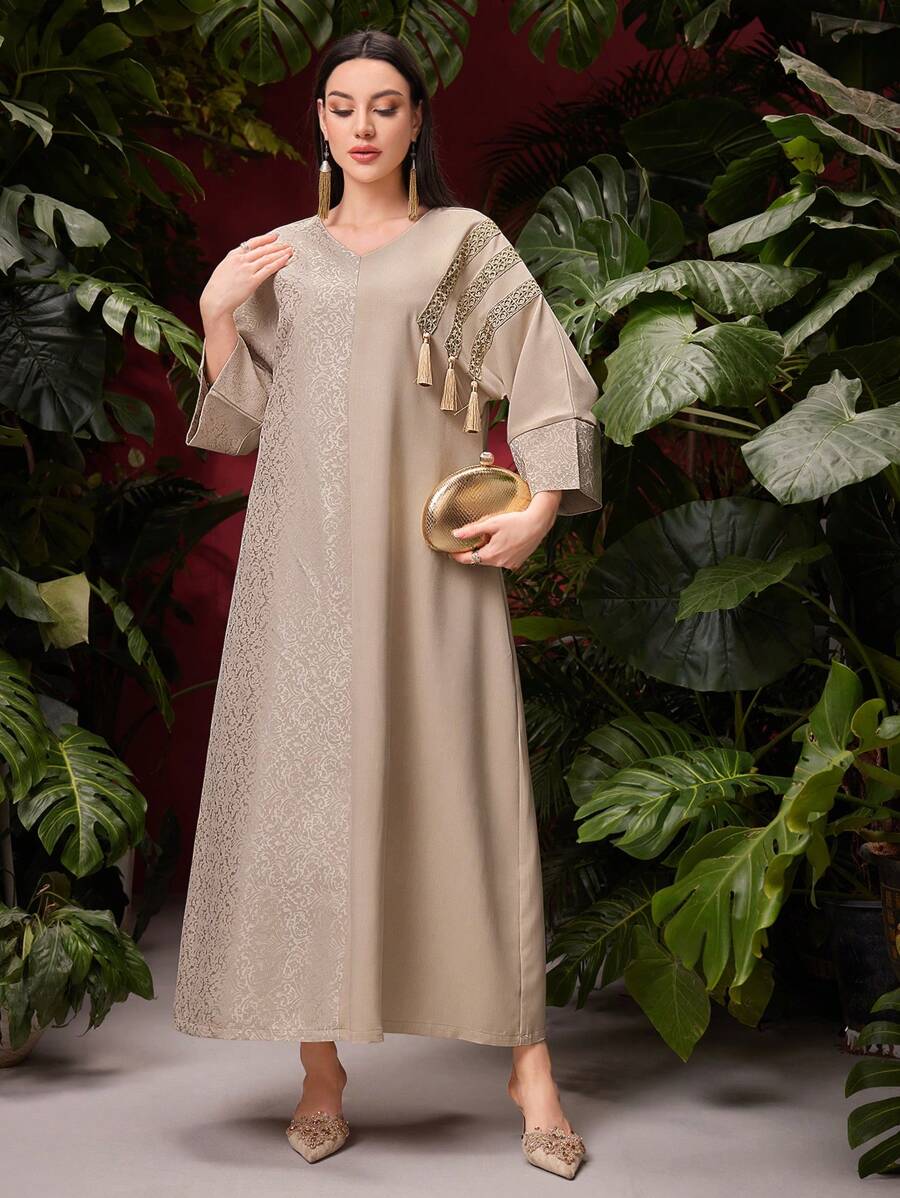 SHEIN Al Najma فستان عربي طويل بتفاصيل شرابات قفطان