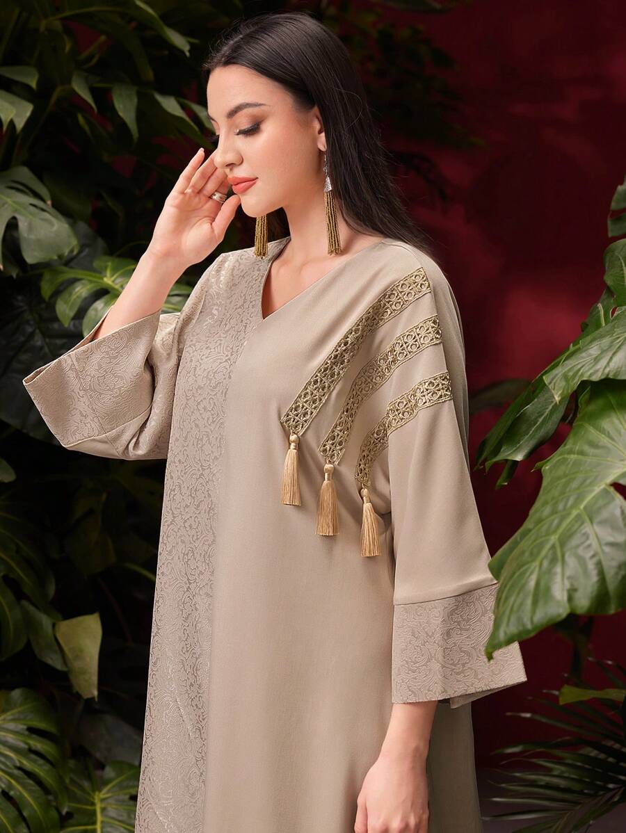 SHEIN Al Najma فستان عربي طويل بتفاصيل شرابات قفطان