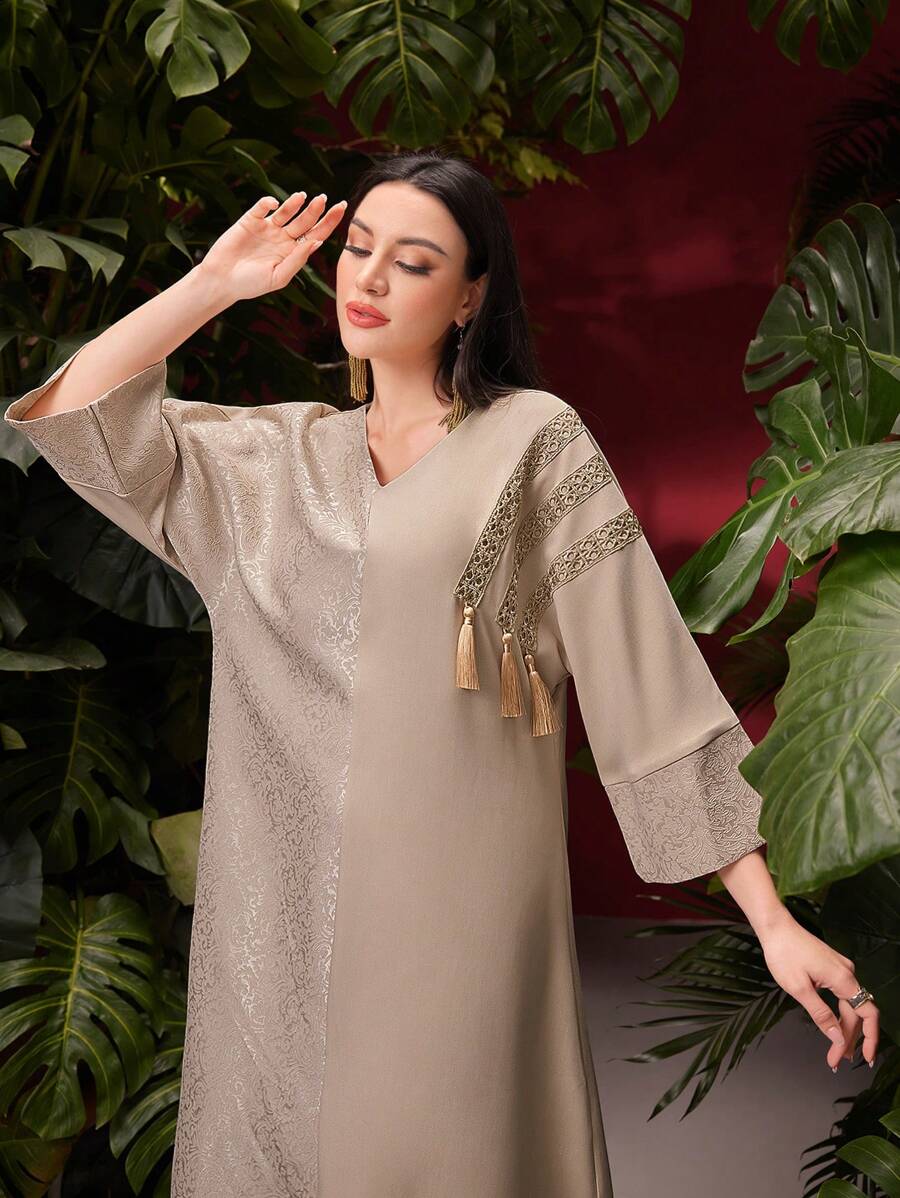 SHEIN Al Najma فستان عربي طويل بتفاصيل شرابات قفطان