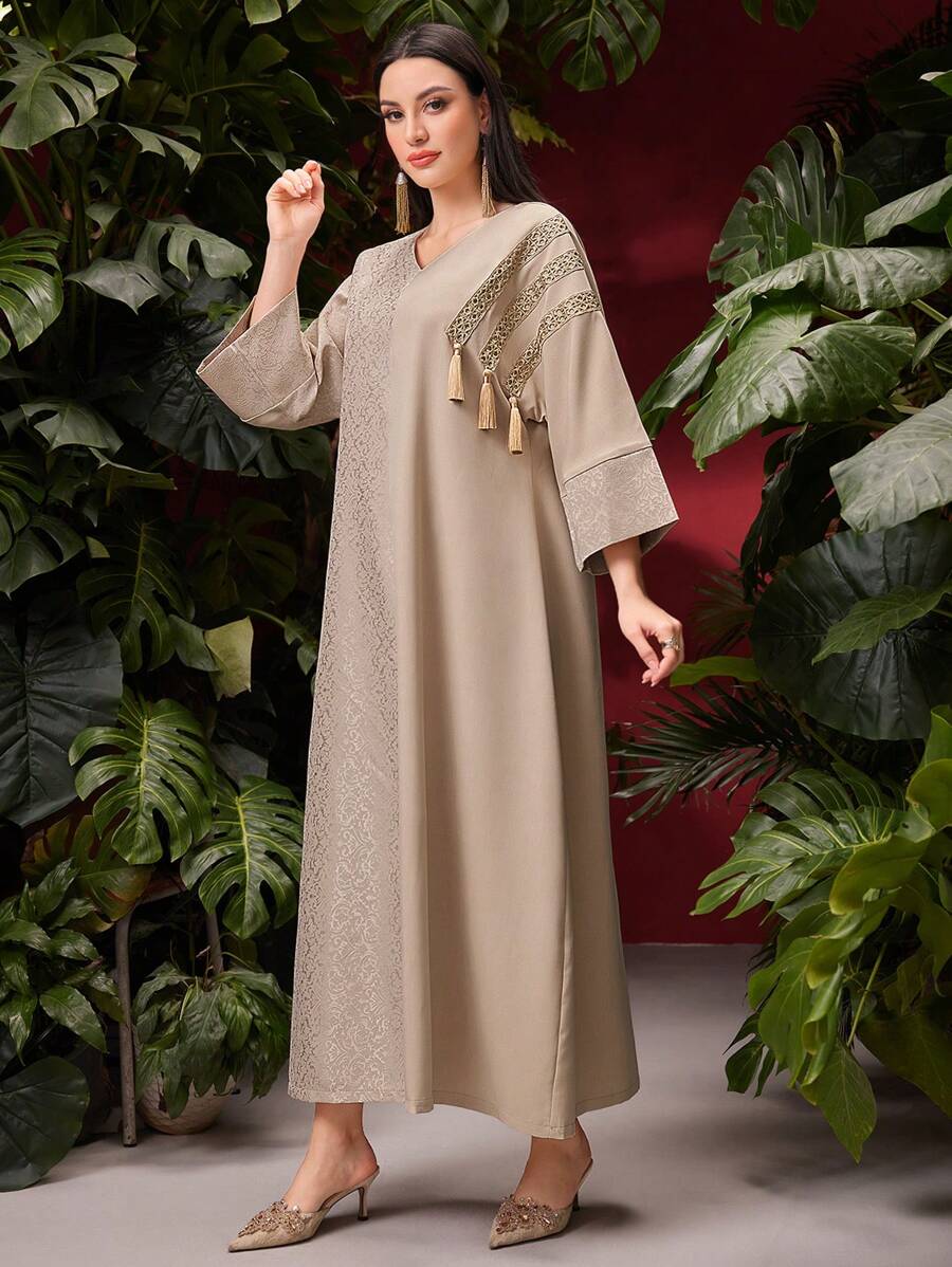 SHEIN Al Najma فستان عربي طويل بتفاصيل شرابات قفطان