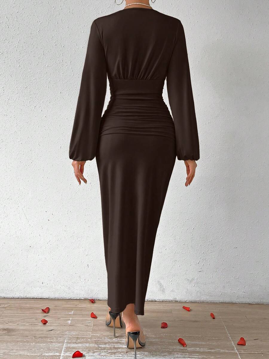 SHEIN Firerie فستان سادة بأكمام فانوس بلون بني داكن