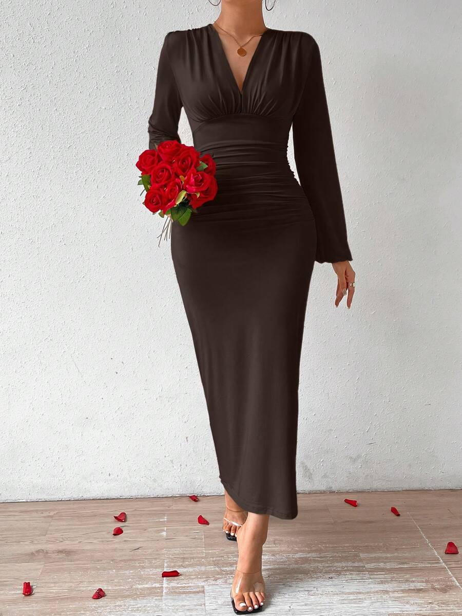 SHEIN Firerie فستان سادة بأكمام فانوس بلون بني داكن