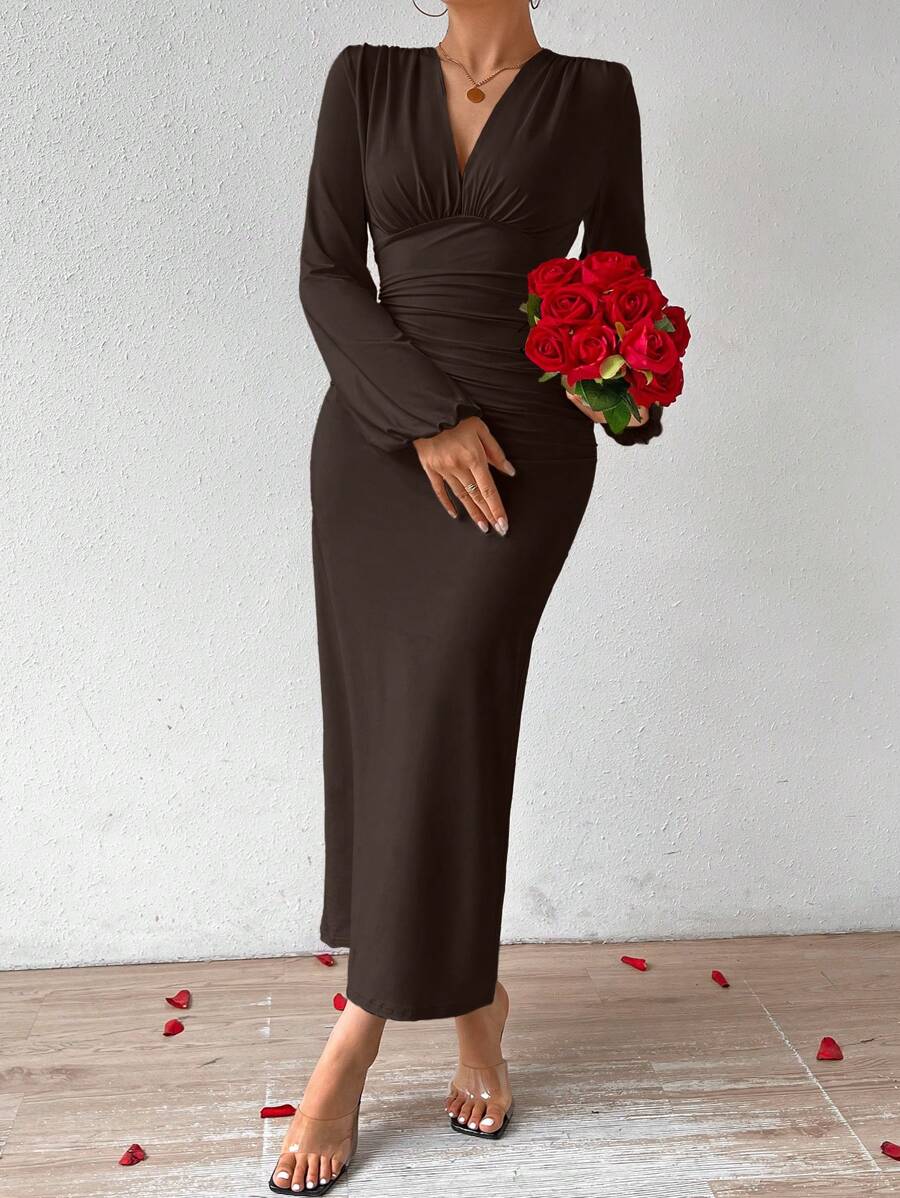 SHEIN Firerie فستان سادة بأكمام فانوس بلون بني داكن