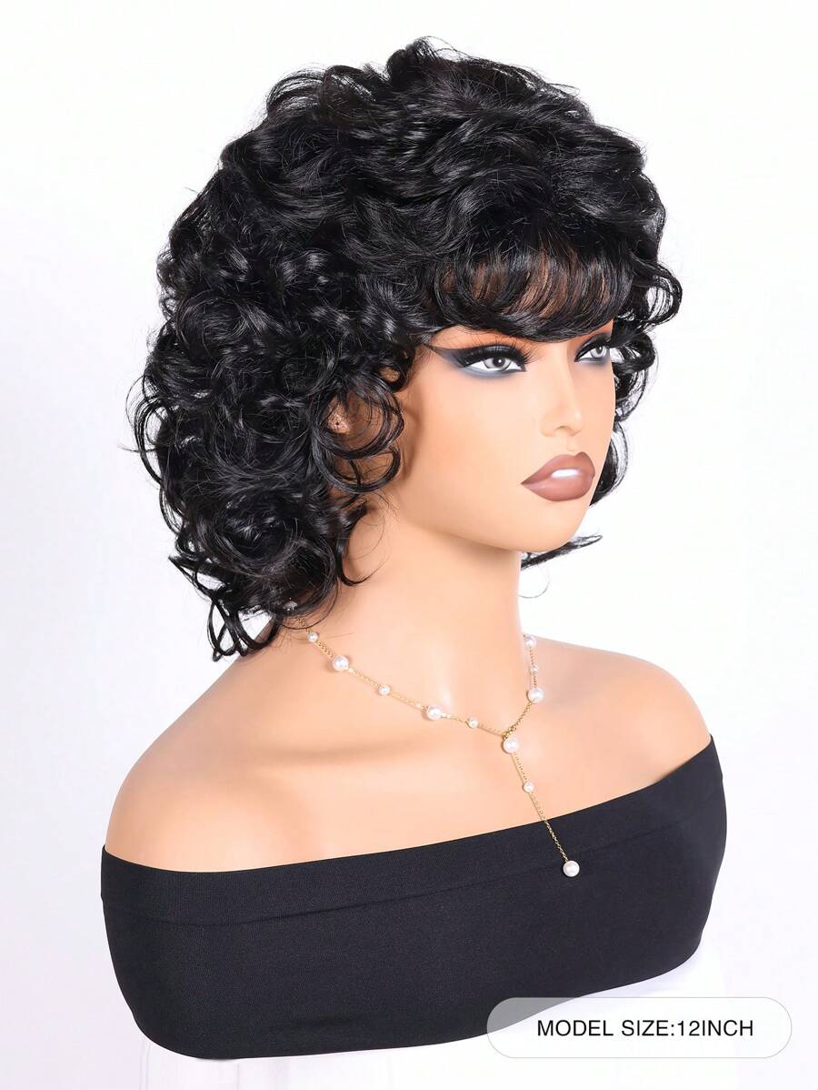 SHEIN باروكة شعر أسود 10 بوصة مموجة مع بانج