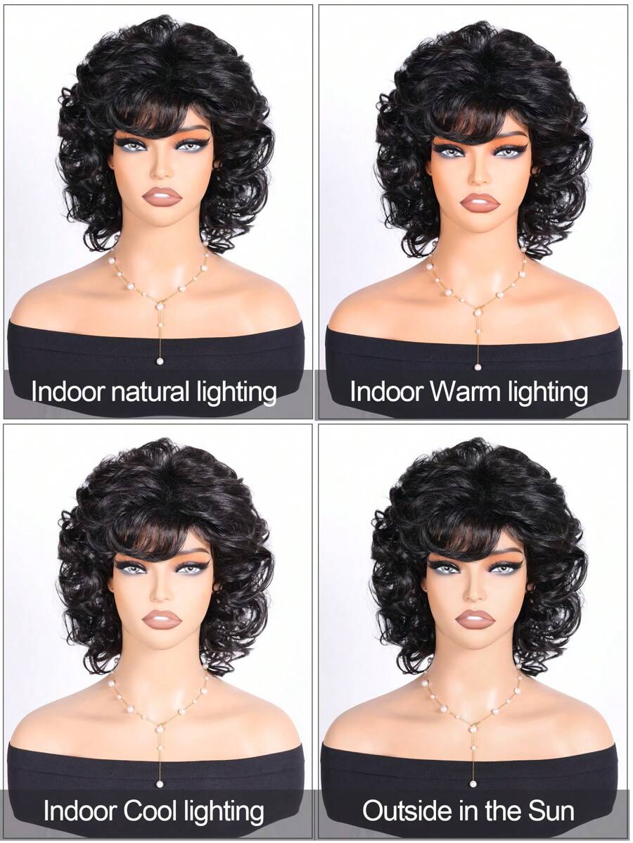 SHEIN باروكة شعر أسود 10 بوصة مموجة مع بانج