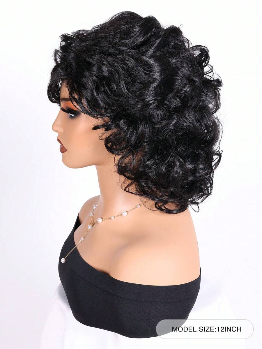 SHEIN باروكة شعر أسود 10 بوصة مموجة مع بانج