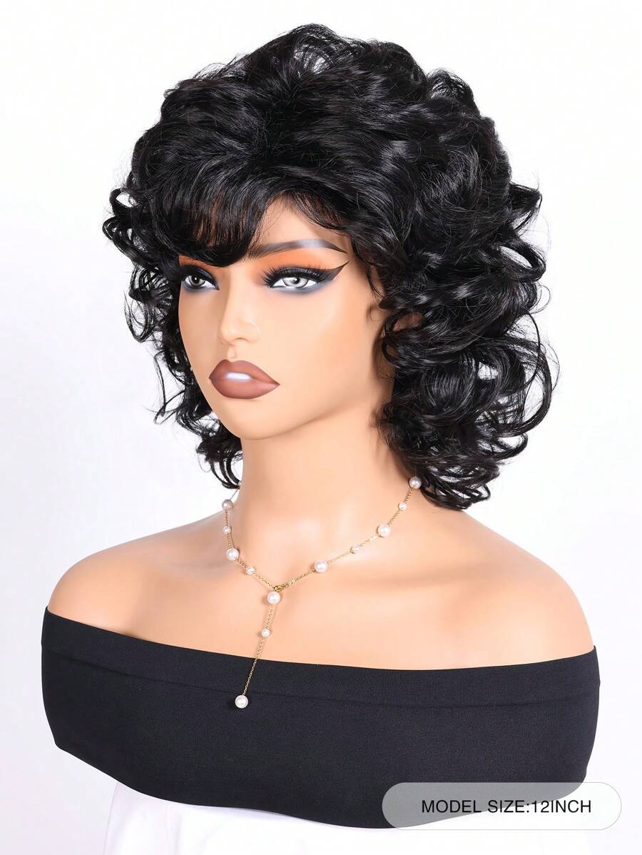 SHEIN باروكة شعر أسود 10 بوصة مموجة مع بانج