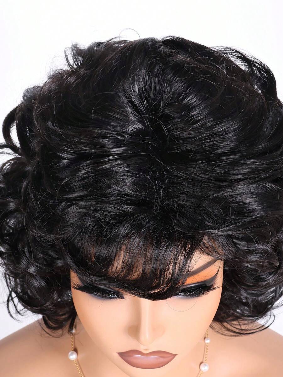 SHEIN باروكة شعر أسود 10 بوصة مموجة مع بانج