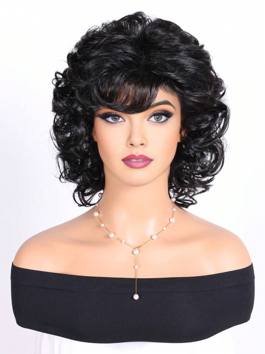 SHEIN باروكة شعر أسود 10 بوصة مموجة مع بانج