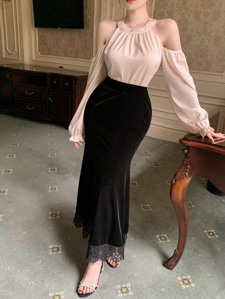 SHEIN DAZY تنورة ذيل حورية البحر بتطريز دانتيل للنساء