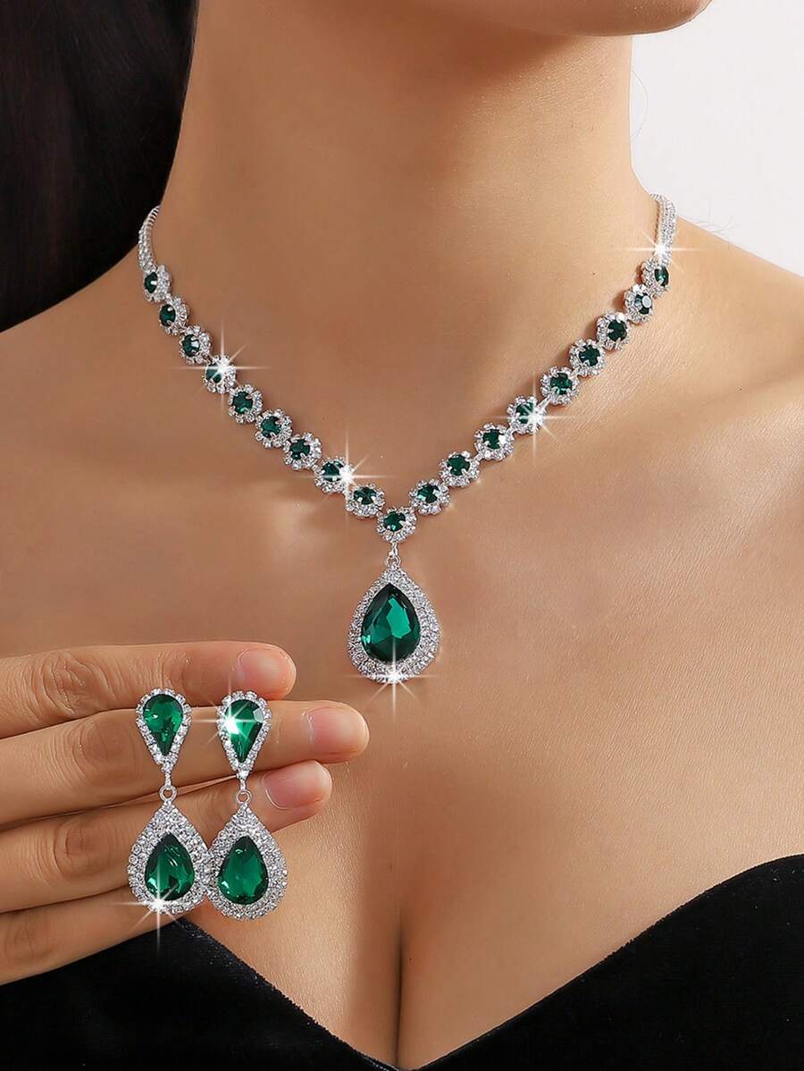 SHEIN طقم قلادة وزوج أقراط دبوسية بلورية خضراء