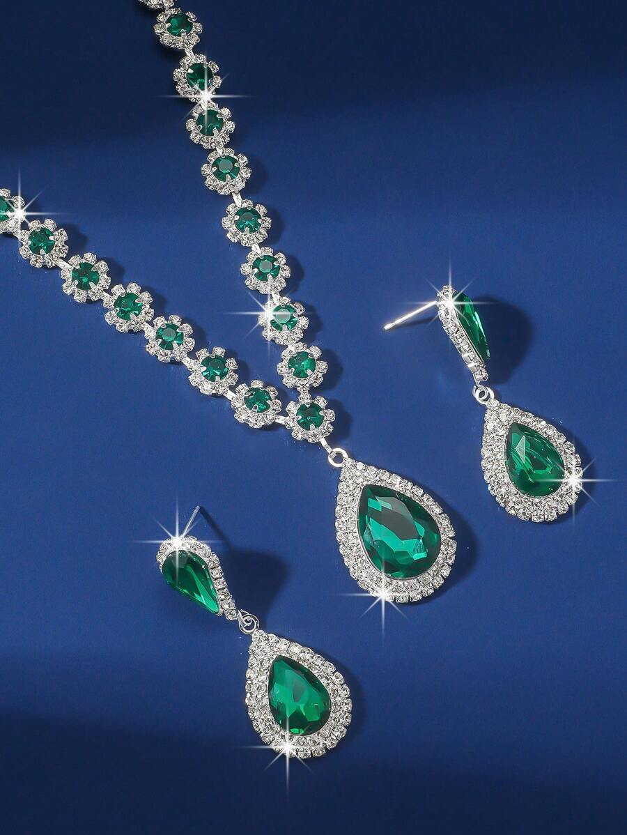 SHEIN طقم قلادة وزوج أقراط دبوسية بلورية خضراء