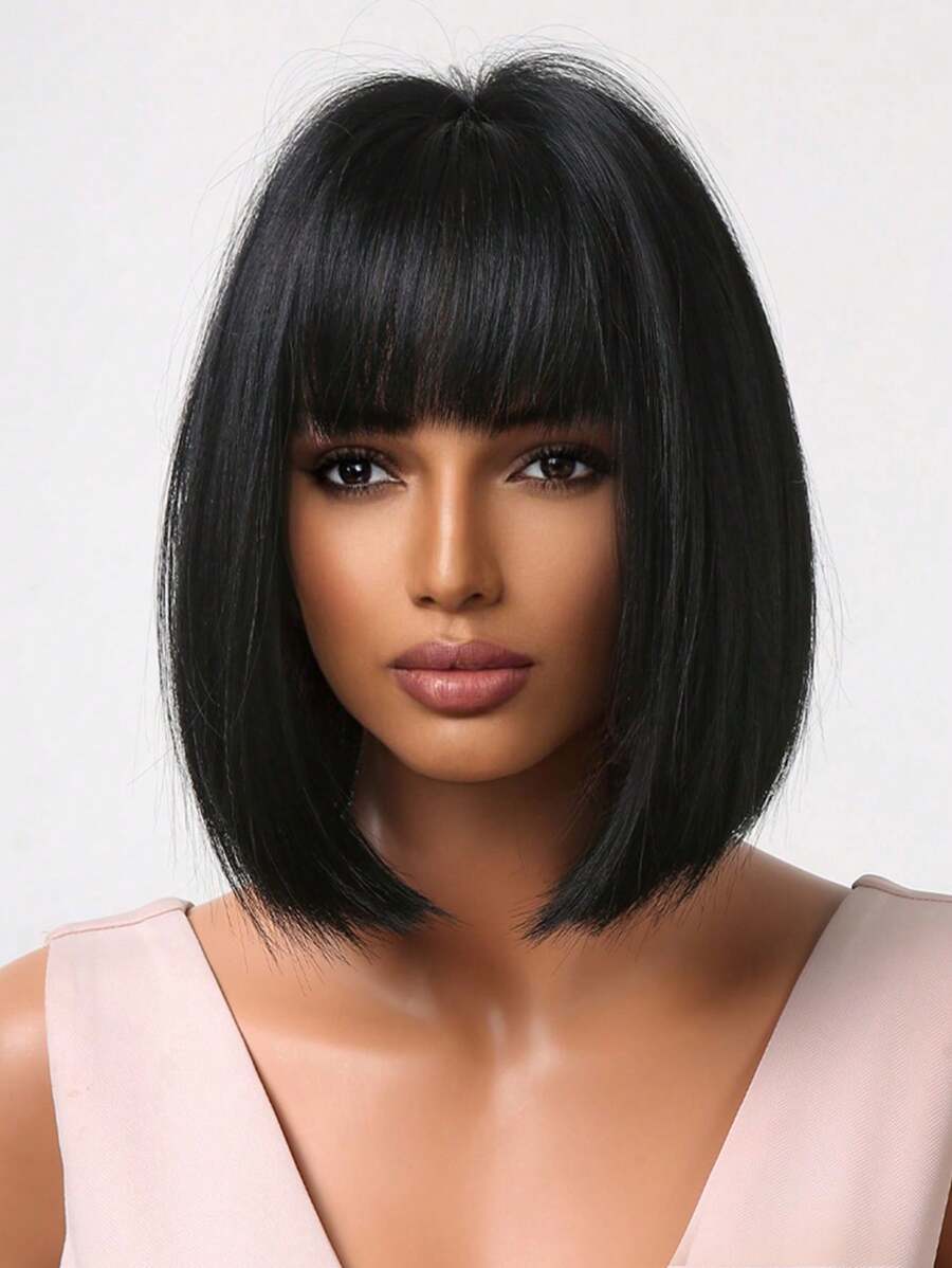 SHEIN باروكة شعر أسود مستقيم قصيرة 14 بوصة مع غرة