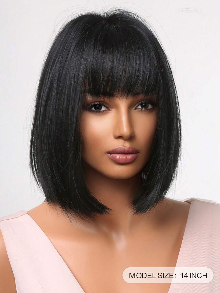 SHEIN باروكة شعر أسود مستقيم قصيرة 14 بوصة مع غرة