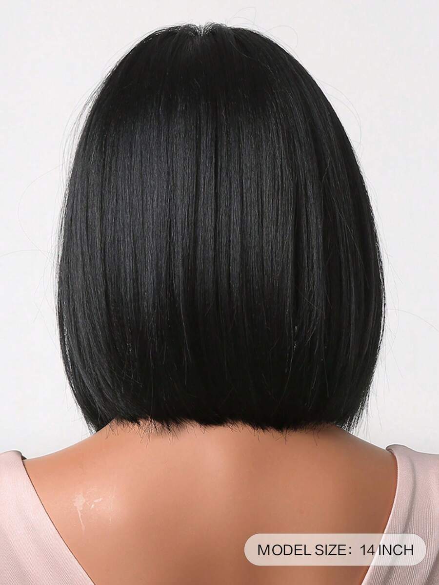 SHEIN باروكة شعر أسود مستقيم قصيرة 14 بوصة مع غرة
