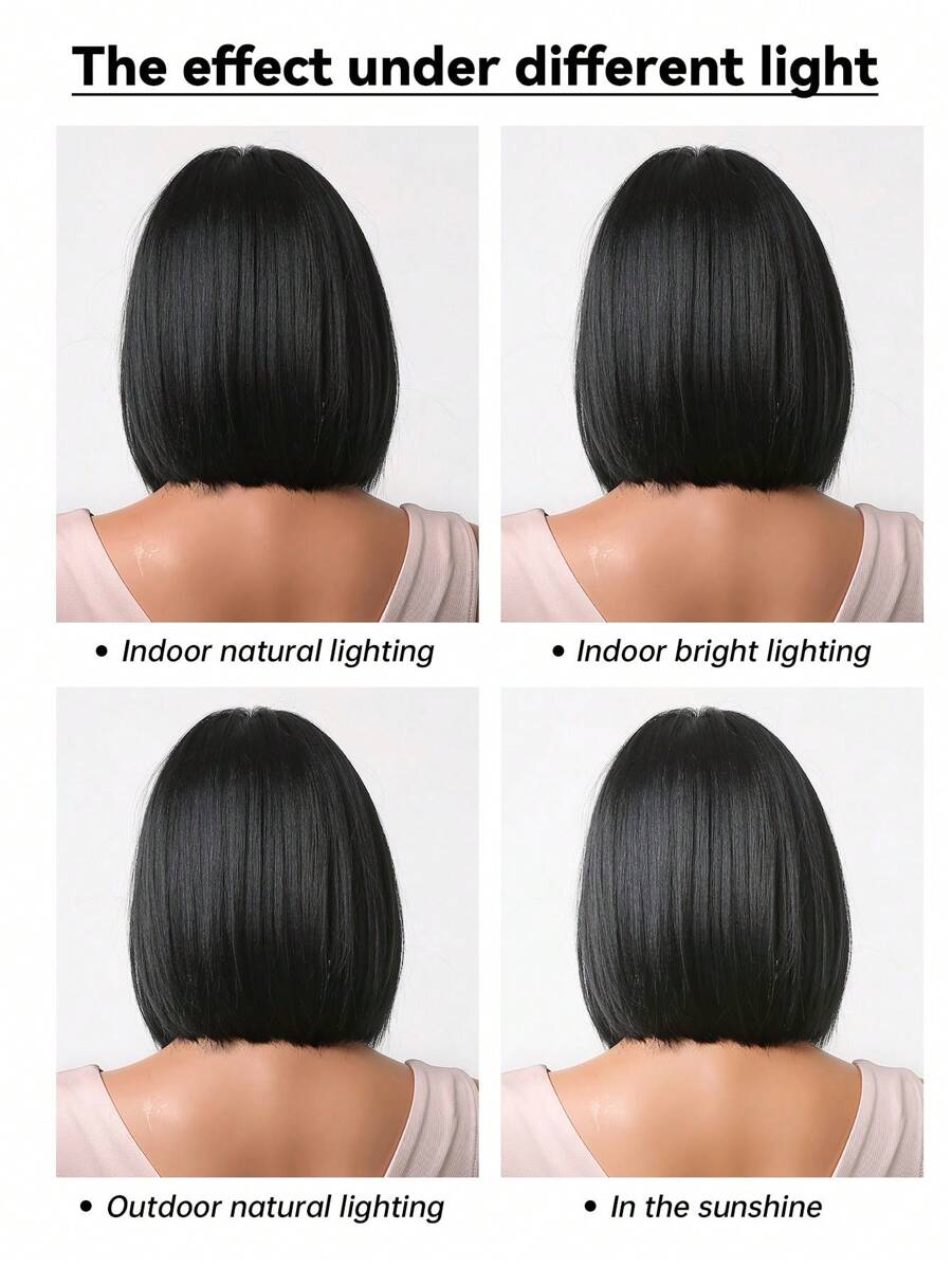 SHEIN باروكة شعر أسود مستقيم قصيرة 14 بوصة مع غرة