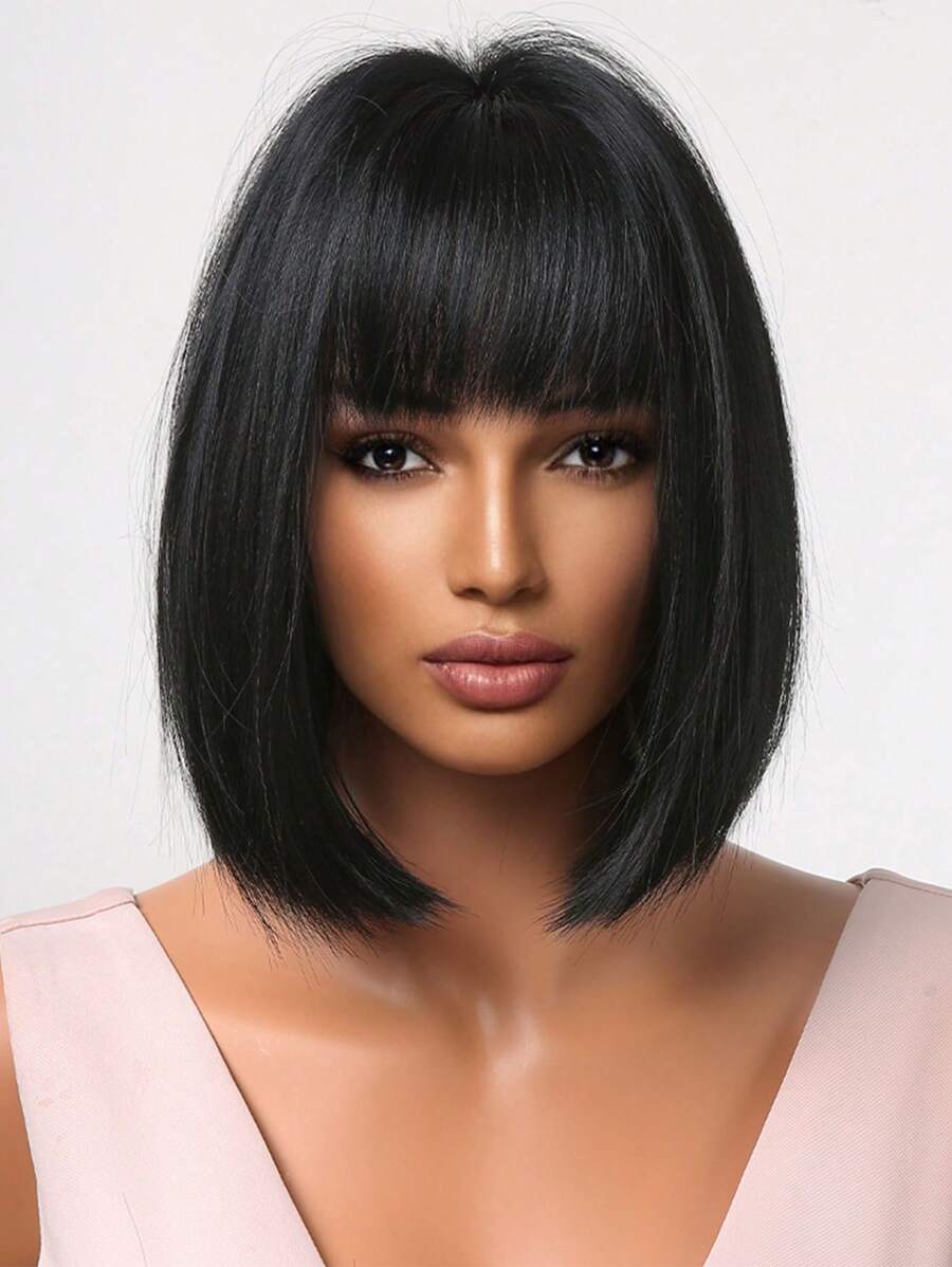 SHEIN باروكة شعر أسود مستقيم قصيرة 14 بوصة مع غرة