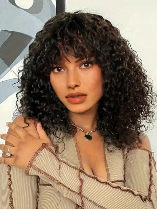 SHEIN باروكة شعر مجعد أسود متوسط الطول مقاومة للحرارة