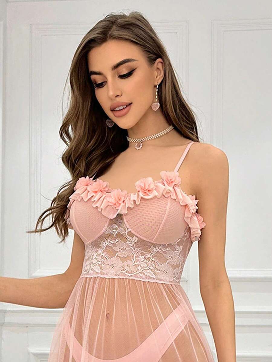 SHEIN فستان نوم شبكي شفاف مزين بدانتيل ثلاثي الأبعاد