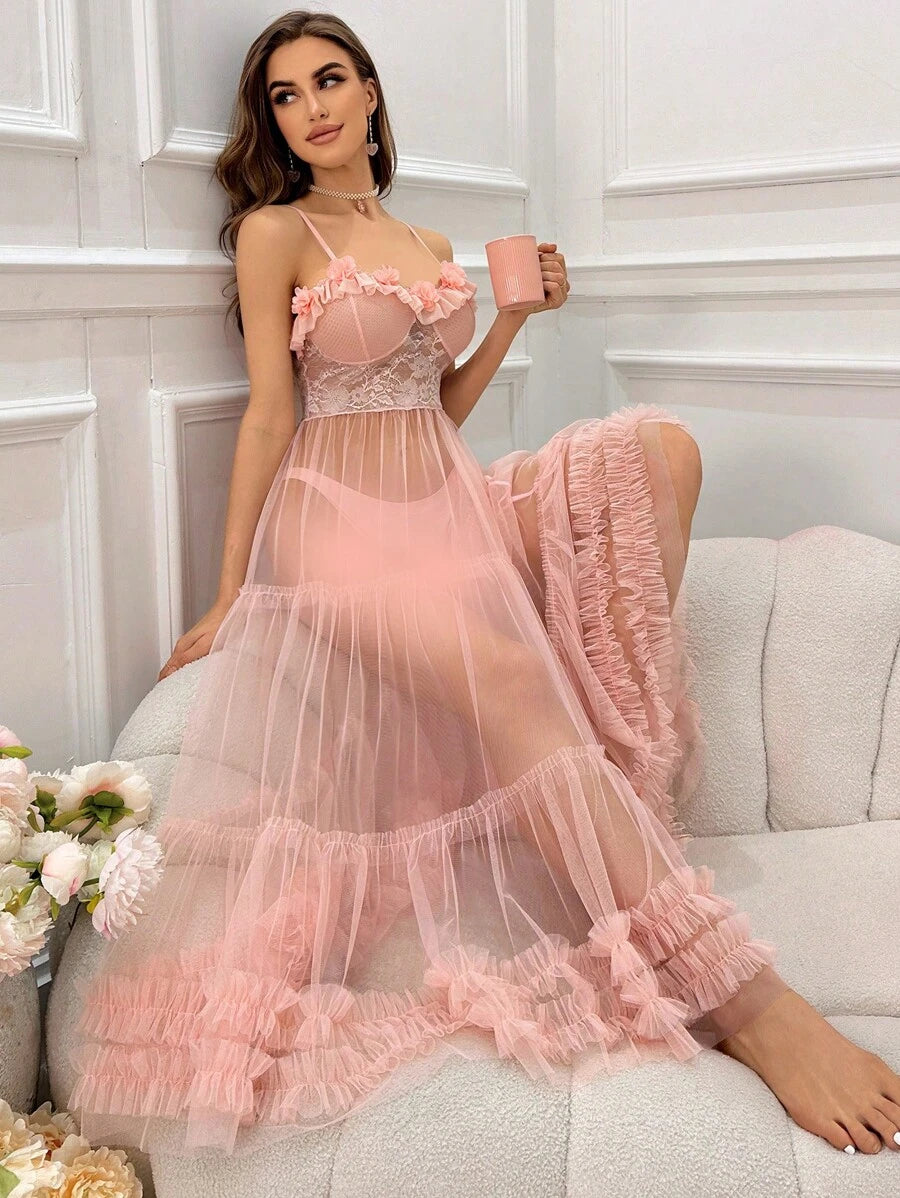 SHEIN فستان نوم شبكي شفاف مزين بدانتيل ثلاثي الأبعاد