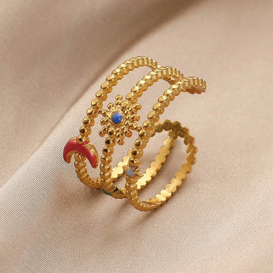 SHEIN خاتم أنيق مزين بشكل هلال ملون ونجمة لامعة