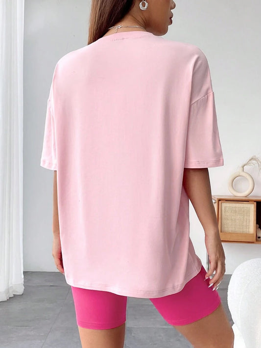 SHEIN EMERY ROSE طقم تي شيرت بياقة دائرية وشورت بطباعة حروف
