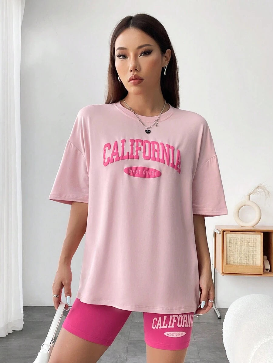 SHEIN EMERY ROSE طقم تي شيرت بياقة دائرية وشورت بطباعة حروف