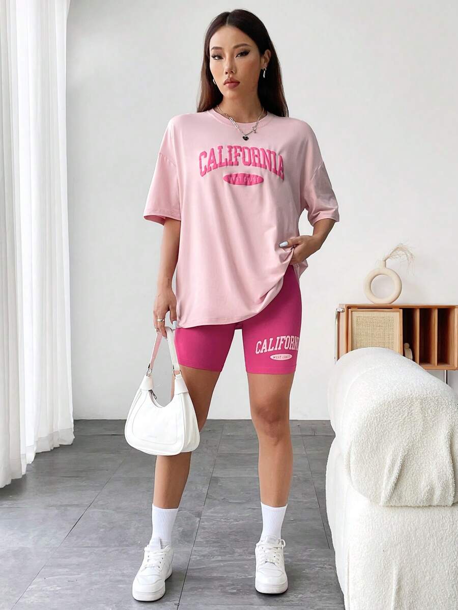SHEIN EMERY ROSE طقم تي شيرت بياقة دائرية وشورت بطباعة حروف