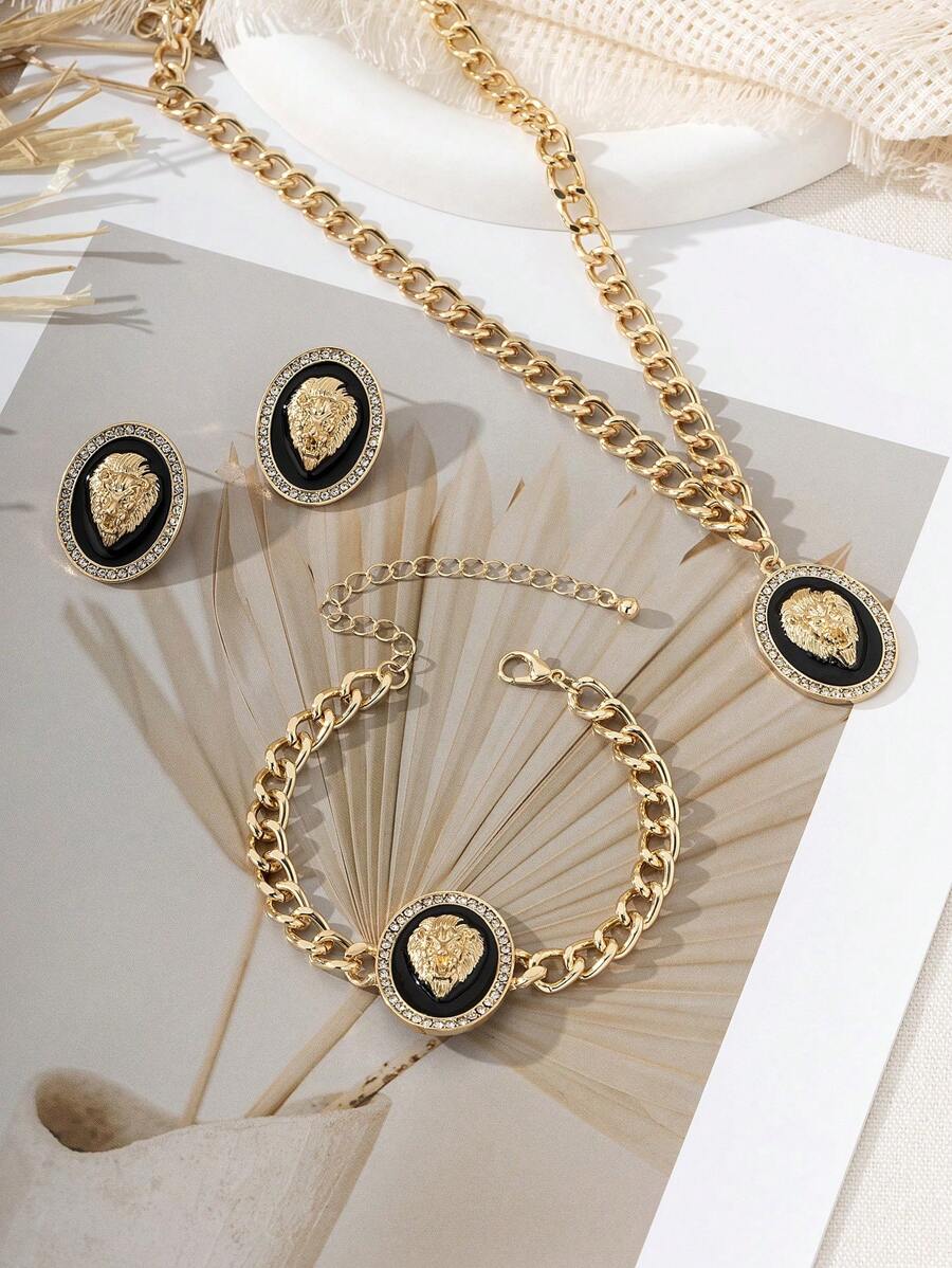 SHEIN طقم مجوهرات ذهبية 3 قطع رأس أسد