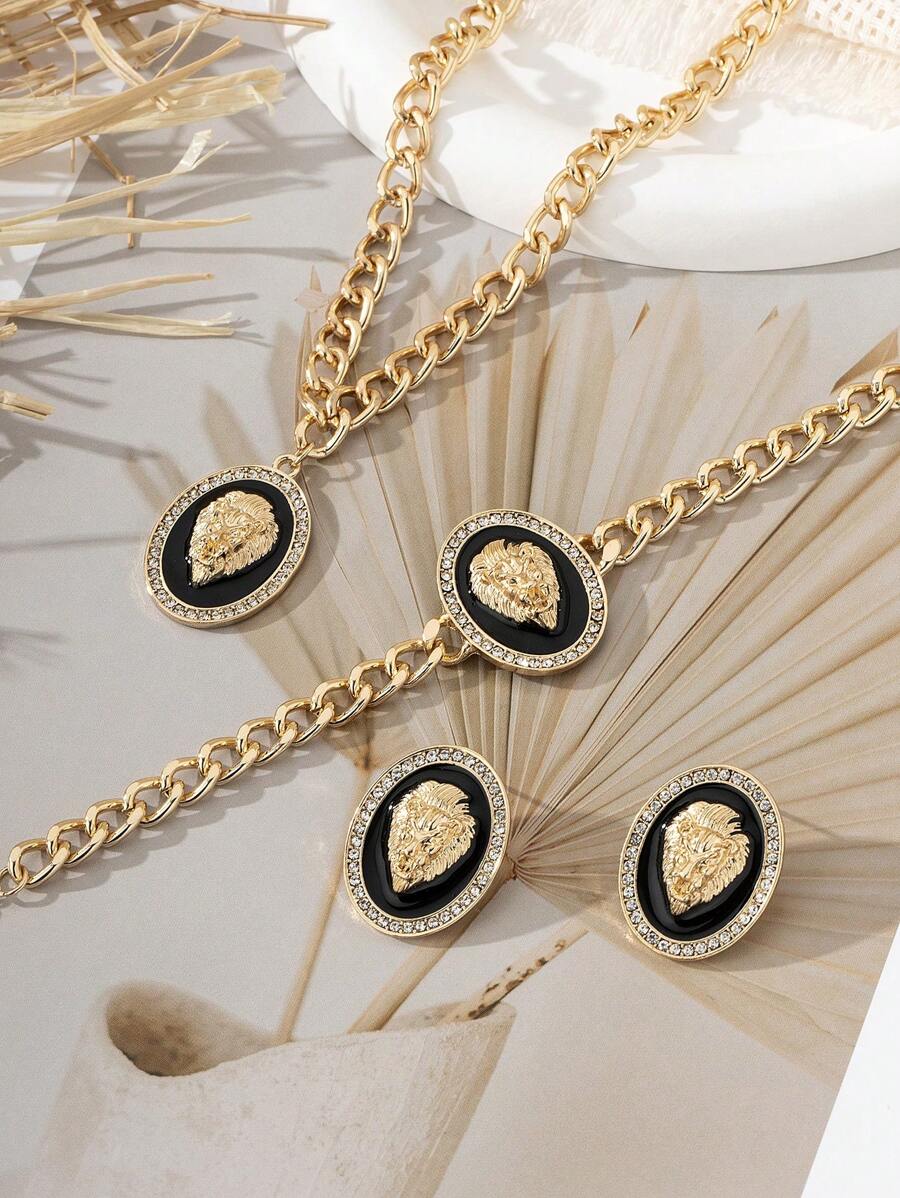 SHEIN طقم مجوهرات ذهبية 3 قطع رأس أسد