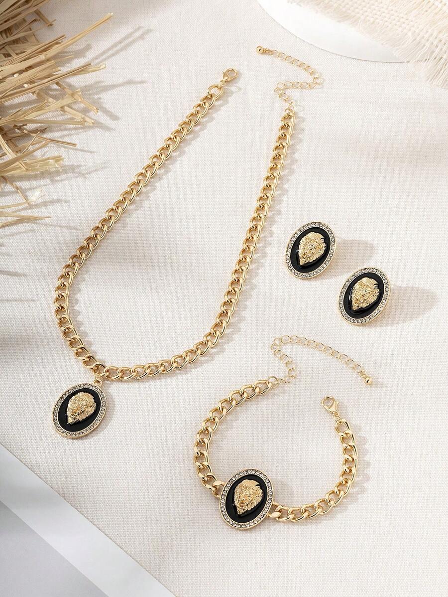 SHEIN طقم مجوهرات ذهبية 3 قطع رأس أسد