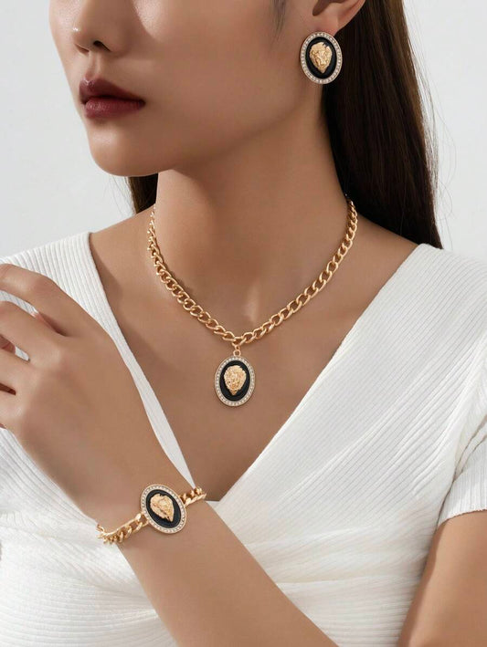 SHEIN طقم مجوهرات ذهبية 3 قطع رأس أسد