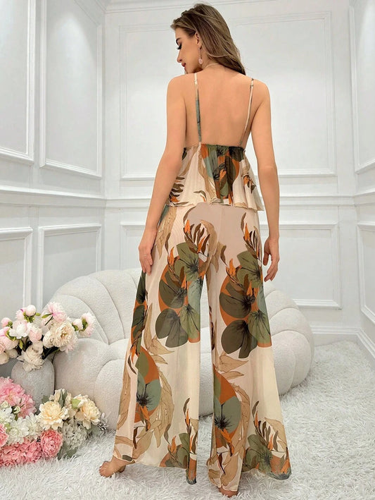 SHEIN طقم بيجامة 2 قطعة قميص بلا أكمام برباط خلفي وبنطال