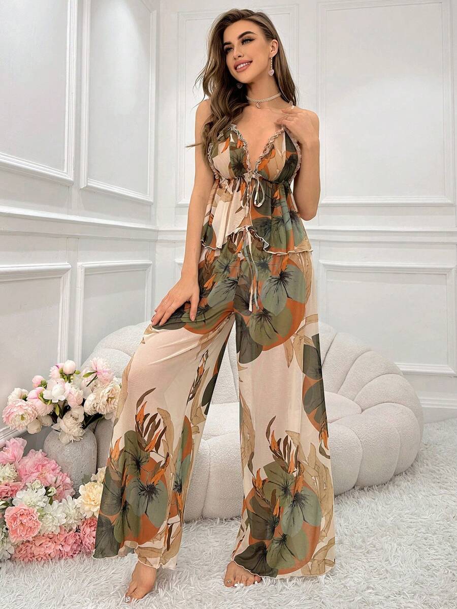 SHEIN طقم بيجامة 2 قطعة قميص بلا أكمام برباط خلفي وبنطال