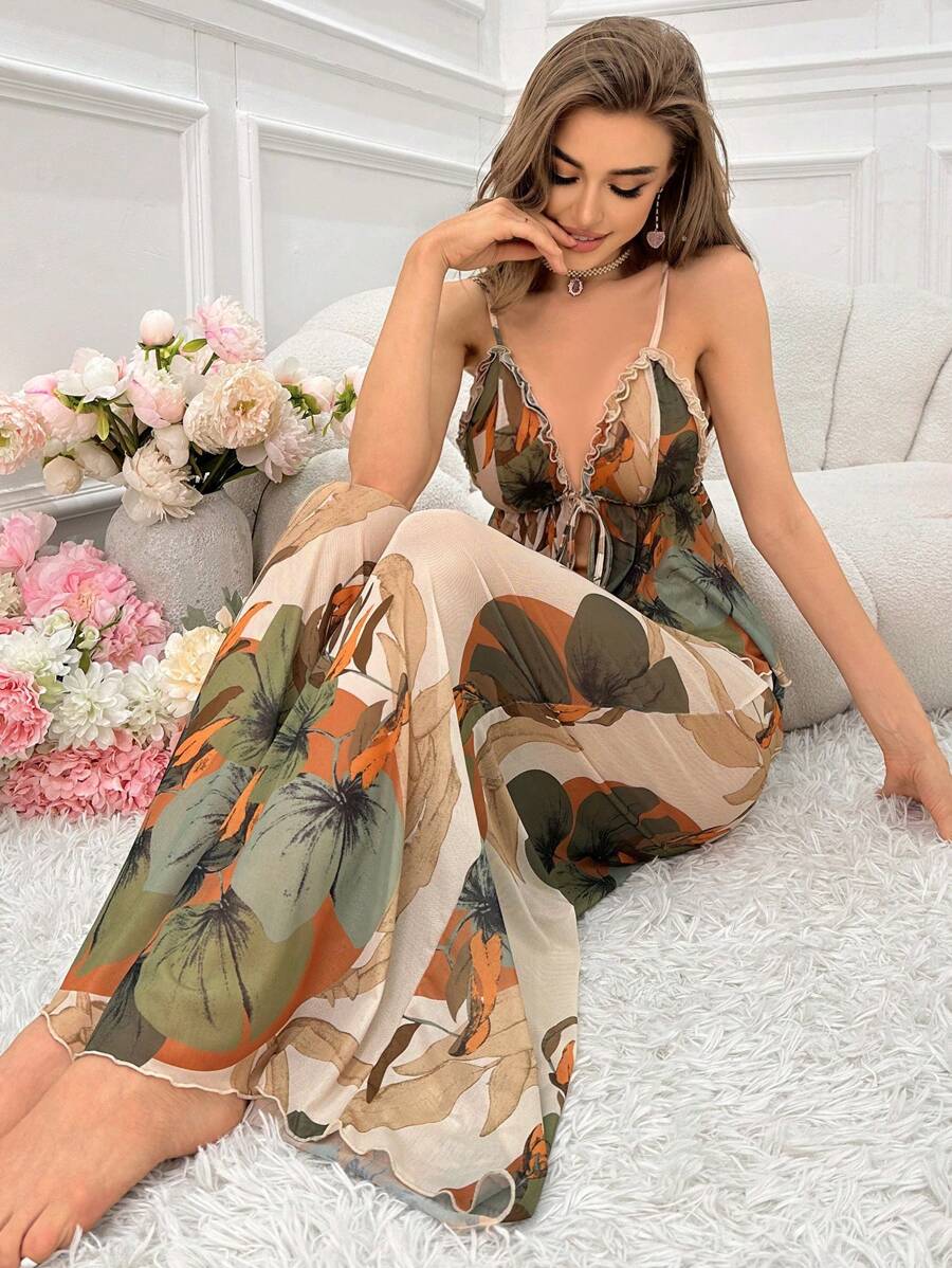 SHEIN طقم بيجامة 2 قطعة قميص بلا أكمام برباط خلفي وبنطال