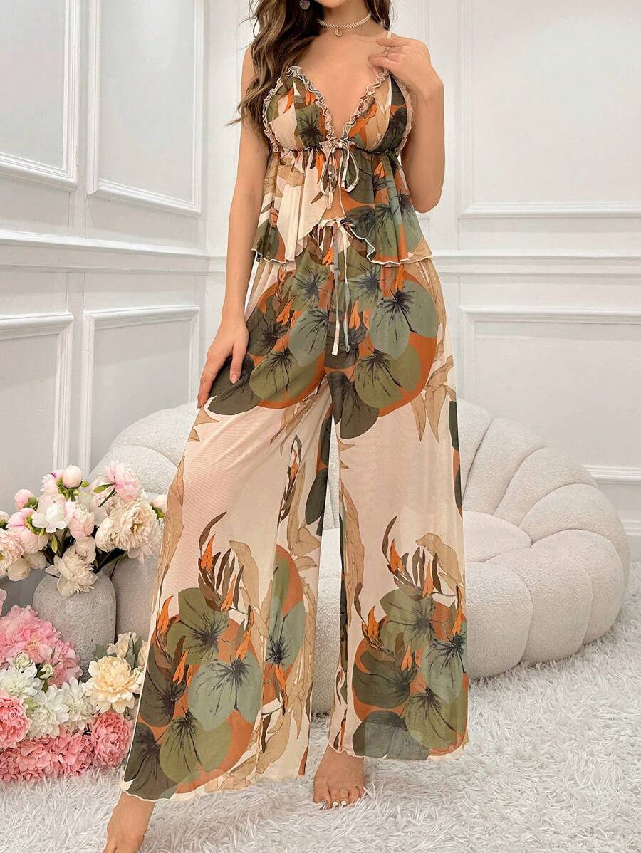 SHEIN طقم بيجامة 2 قطعة قميص بلا أكمام برباط خلفي وبنطال