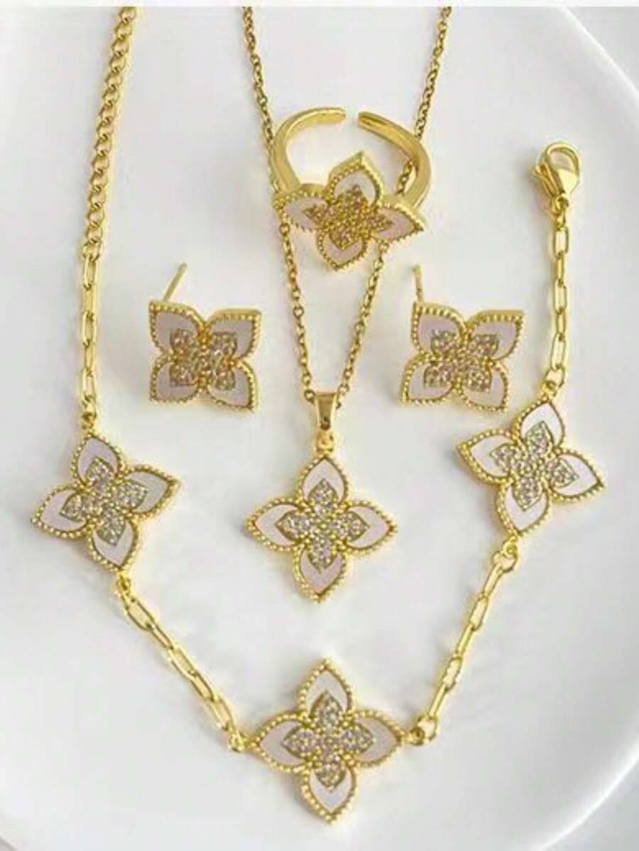 SHEIN مجموعة مجوهرات 5 قطع سبيكة الزنك مع راينستون