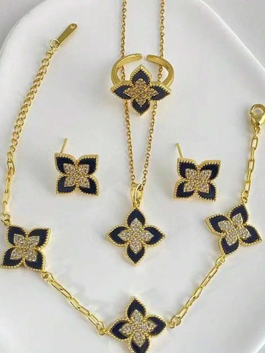 SHEIN مجموعة مجوهرات 5 قطع سبيكة الزنك مع راينستون
