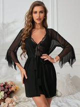 SHEIN فستان نوم أسود مع تفاصيل شبك ودانتيل وروب