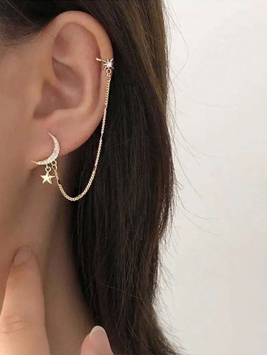 SHEIN أقراط سلسلة بشكل هلالي ونجوم