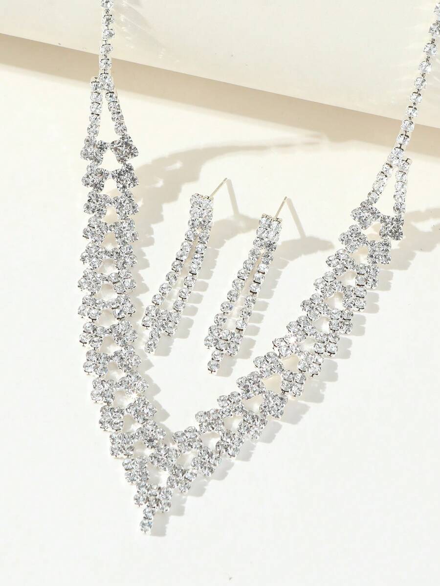 SHEIN مجموعة مجوهرات فضي عقد وأقراط ماسية وزركون