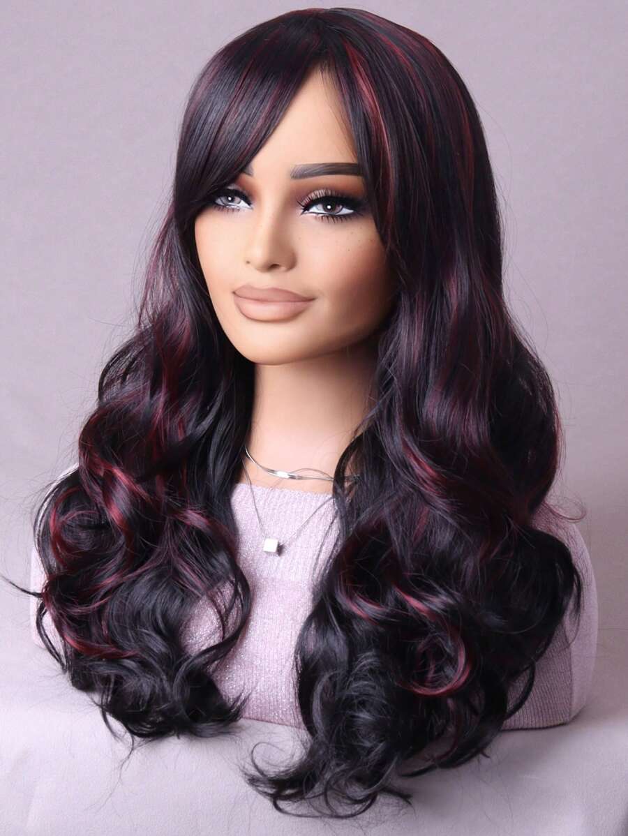 SHEIN باروكة شعر اصطناعي طويل متموج أسود وأحمر