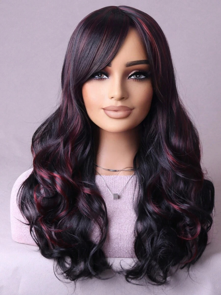 SHEIN باروكة شعر اصطناعي طويل متموج أسود وأحمر