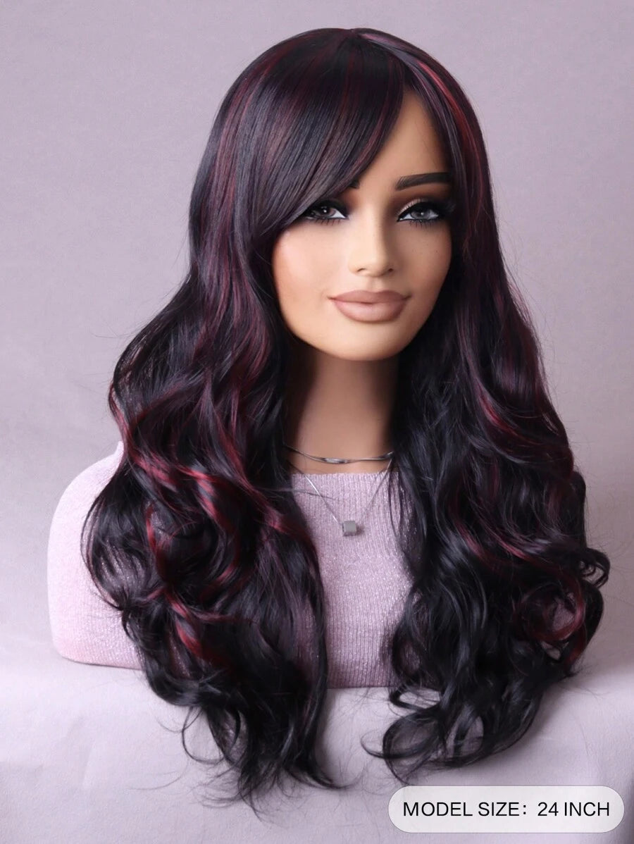SHEIN باروكة شعر اصطناعي طويل متموج أسود وأحمر