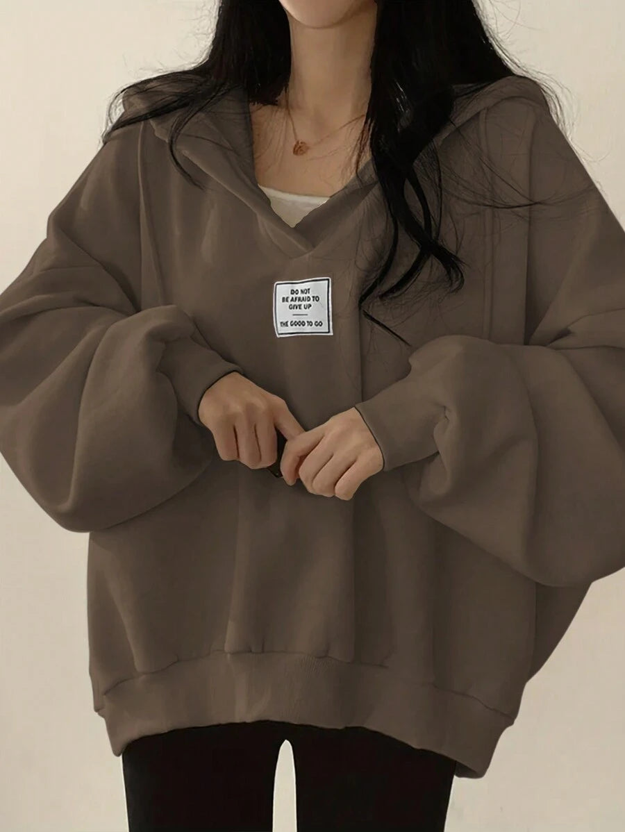 SHEIN INAWLY بلوزة بني بأكمام طويلة بقلنسوة ورباط فضفاضة