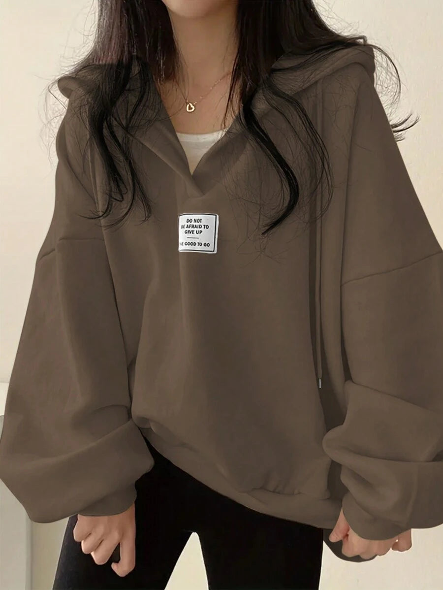 SHEIN INAWLY بلوزة بني بأكمام طويلة بقلنسوة ورباط فضفاضة