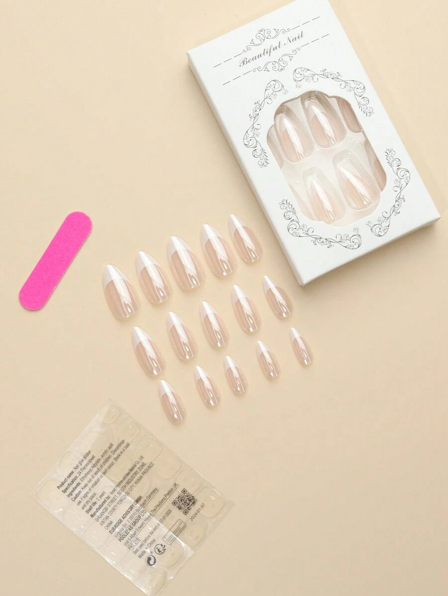 SHEIN أظافر 24 قطعة لوزي وردي لامع بنمط بسيط مع غراء وأداة لصق