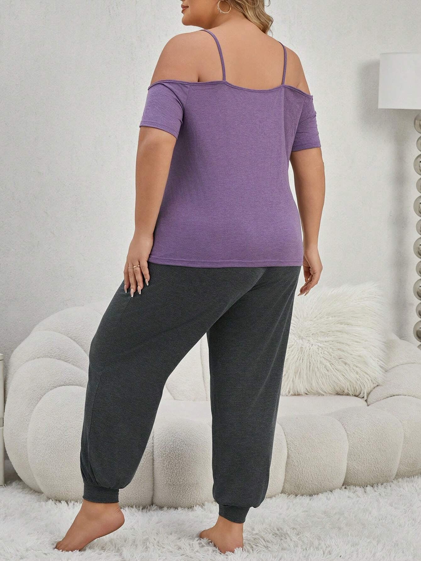 Plus Size Solid Off-Shoulder Top with Footed Pants Pajama Set