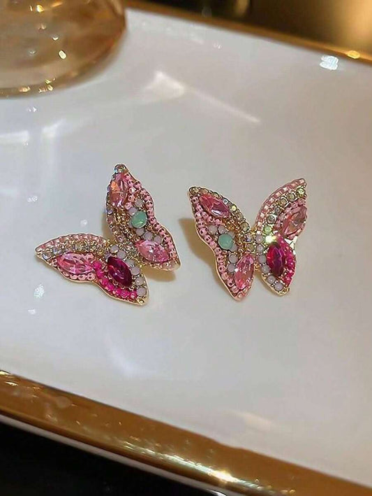 SHEIN زوج أقراط براقة فراشة بحجر الراين