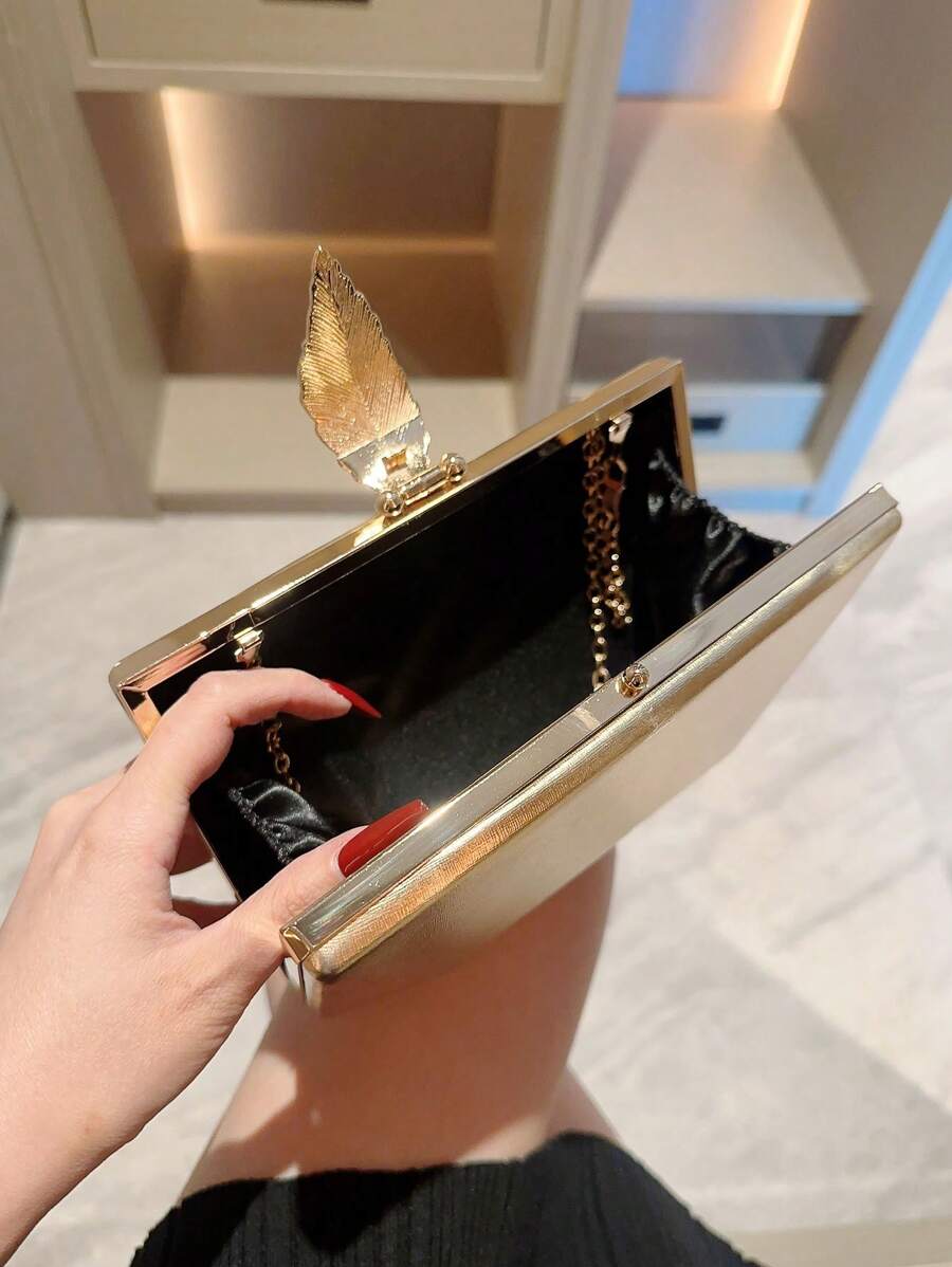 SHEIN حقيبة دلو ذهبية مزينة بالراين والخرز بسحاب للسهرة